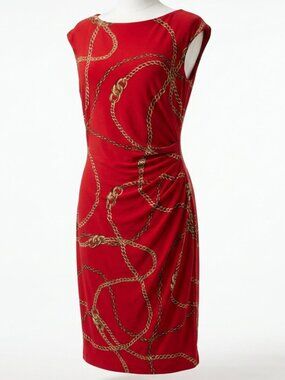 LAUREN RALPH LAUREN Size 12 Chain Print Sheath Dress Sleeveless Equestrian